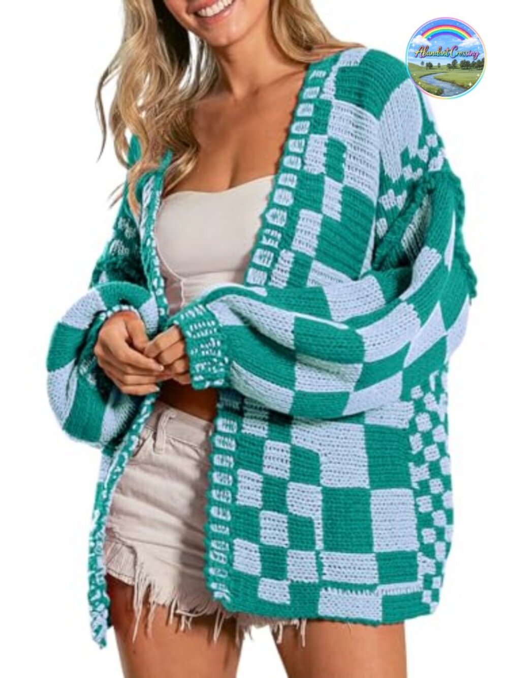 Chunky Cardigan Sweater Loose Fit Open Front Plaid Acrylic Knit